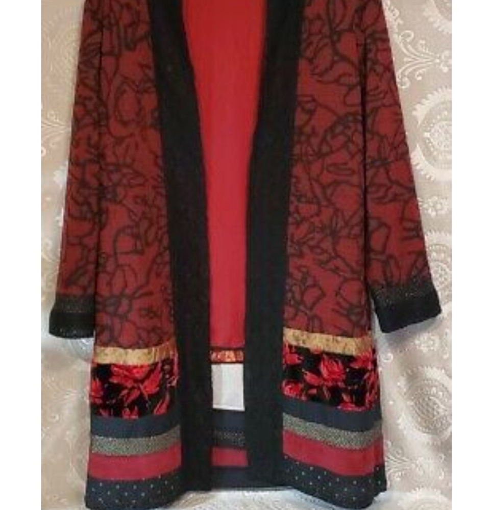 Chicos Red Taupe Patchwork Jacquard Duster Jacket… - image 4